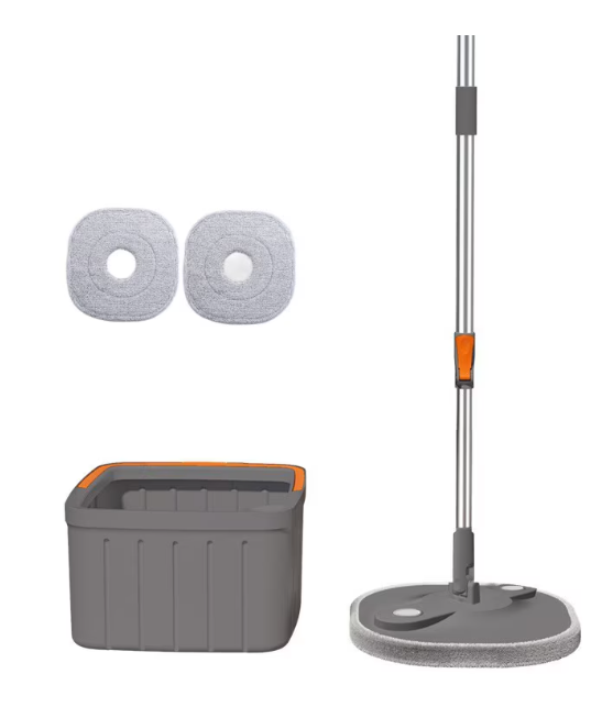 Set mop rotativ pătrat DreamRamp cu găleată gri și două rezerve din microfibră