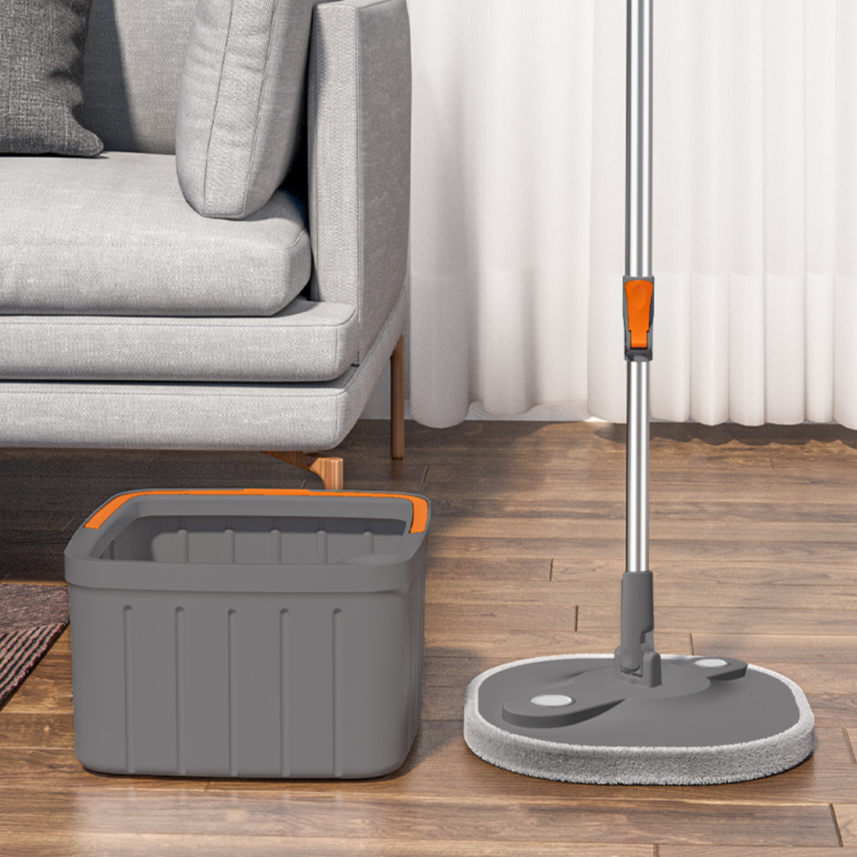 Set mop rotativ pătrat DreamRamp cu găleată gri, în locuință
