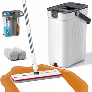 Set mop plat DreamRamp cu găleată cu separare a apei curate și rezerve din microfibră