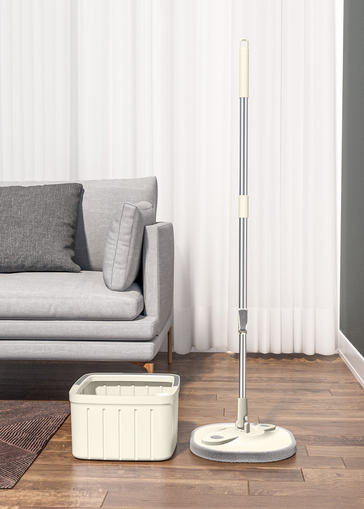 Tijă de prelungire DreamRamp montată pe mop, lângă găleata pătrată